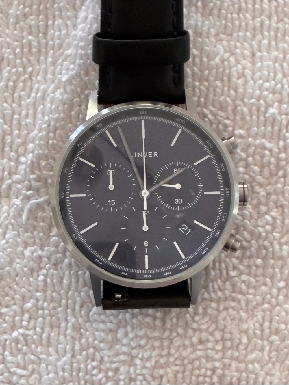 Linjer Dark Navy Dial Chronograph Watch with Black Leather Strap